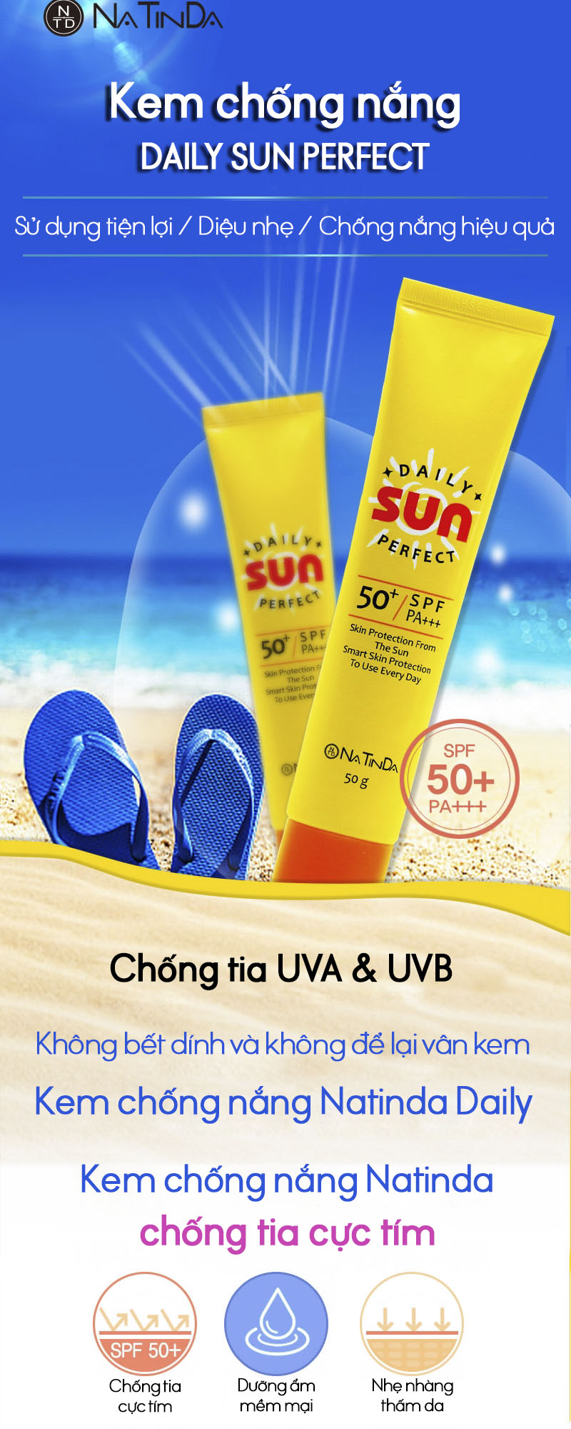 Kem Chống Nắng UVA+ UVB SPF50+PA+++ Natinda Daily Perfect Sun Cream