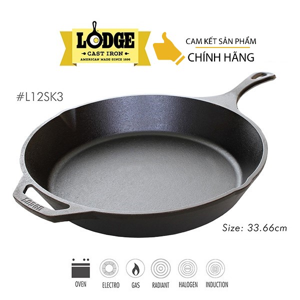 [Chính hãng LOGDE - MỸ] Chảo gang đúc chính hãng Lodge cỡ đại 33.6cm - L12SK3. Dùng nướng, chiên, xào, áp chảo thực phẩm