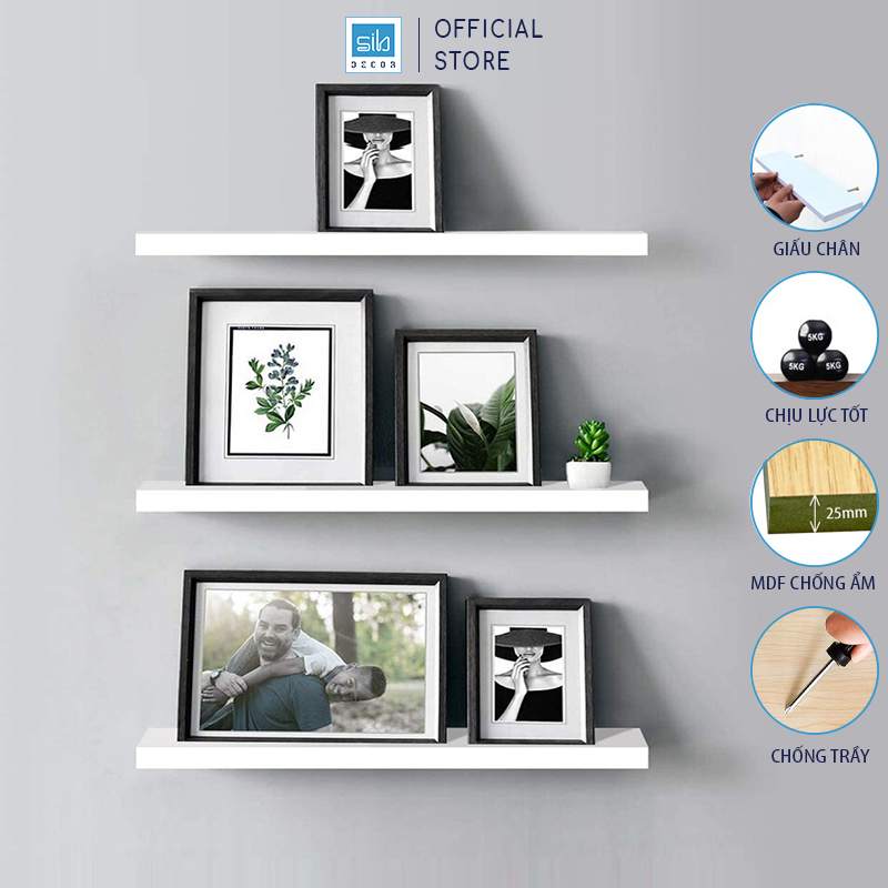Set 3 Kệ Treo Tường Thanh Ngang Để Sách Và Đồ Trang Trí, Gỗ Chống Ẩm Dày 25Mm Sib Decor Kt005 - Trắng - 80X20Cm 3 Kệ