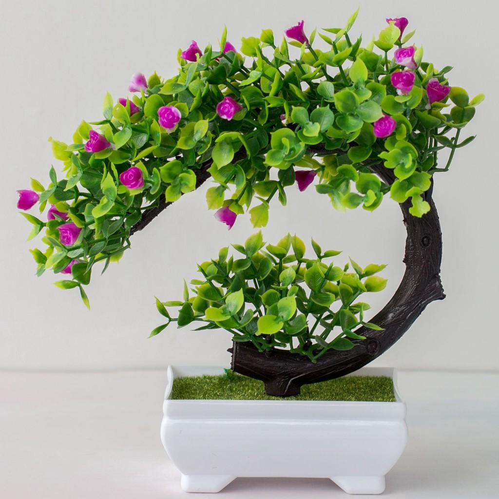 CÂY GIẢ BONSAI HOA HỒNG RỰC RỠ kèm chậu- Chậu cây Phú Quý Cát Tường, trang trí, để bàn - Hoa giả