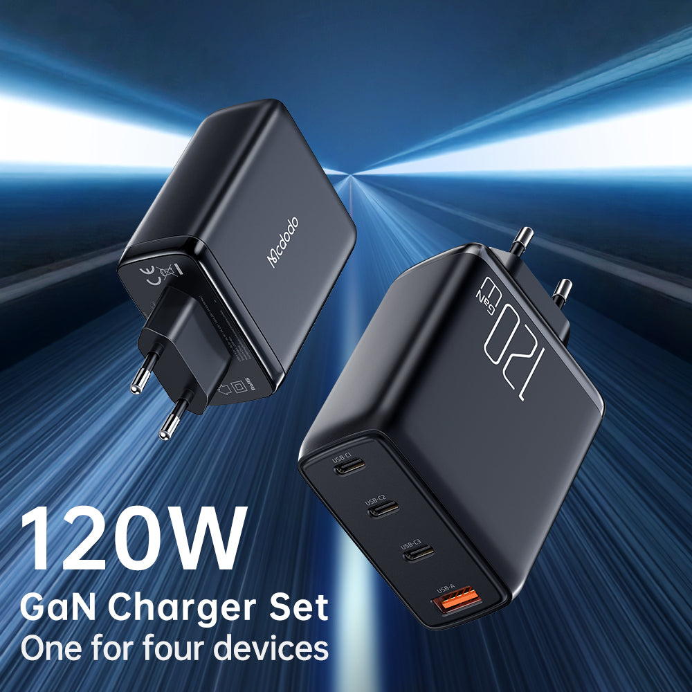 Cốc Sạc Nhanh Mcdodo Convergence Series 120W GaN 4-Port Fast Charger Set (Kèm cáp C to C 2m, 100W, 3 TypeC + USB) (Hàng chính hãng)