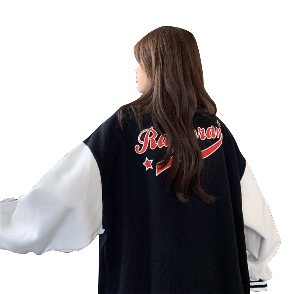 AK012 Áo bomber R 2 màu xanh đen tay trắng unisex dáng rộng, áo khoác nam nữ mùa đông form to tay bo cúc bấm cá tính