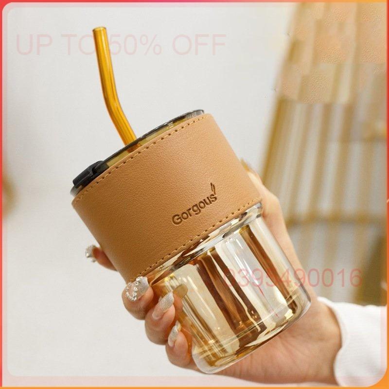 Cốc thủy tinh hổ phách GorGous bọc da 450ml sang chảnh chống bỏng có nắp kín cao cấp thời trang Qimato