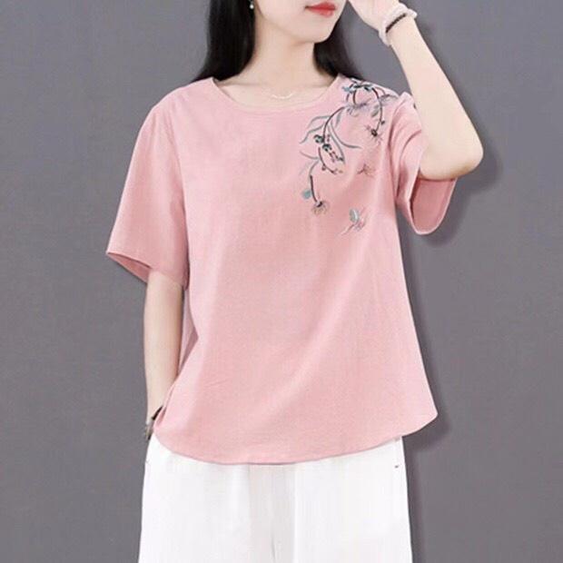 Áo trung niên nữ cộc tay in hoa, Áo đủ size chất vải mát mịn Đũi Việt A18