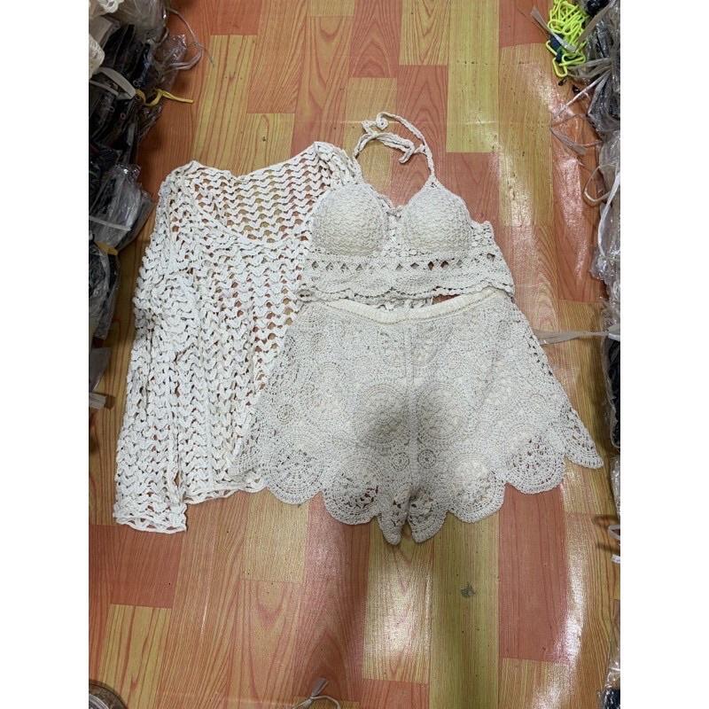 07-Set bộ bikini ren đi biển 3 món bra-áo lưới ngoài-quần sóc