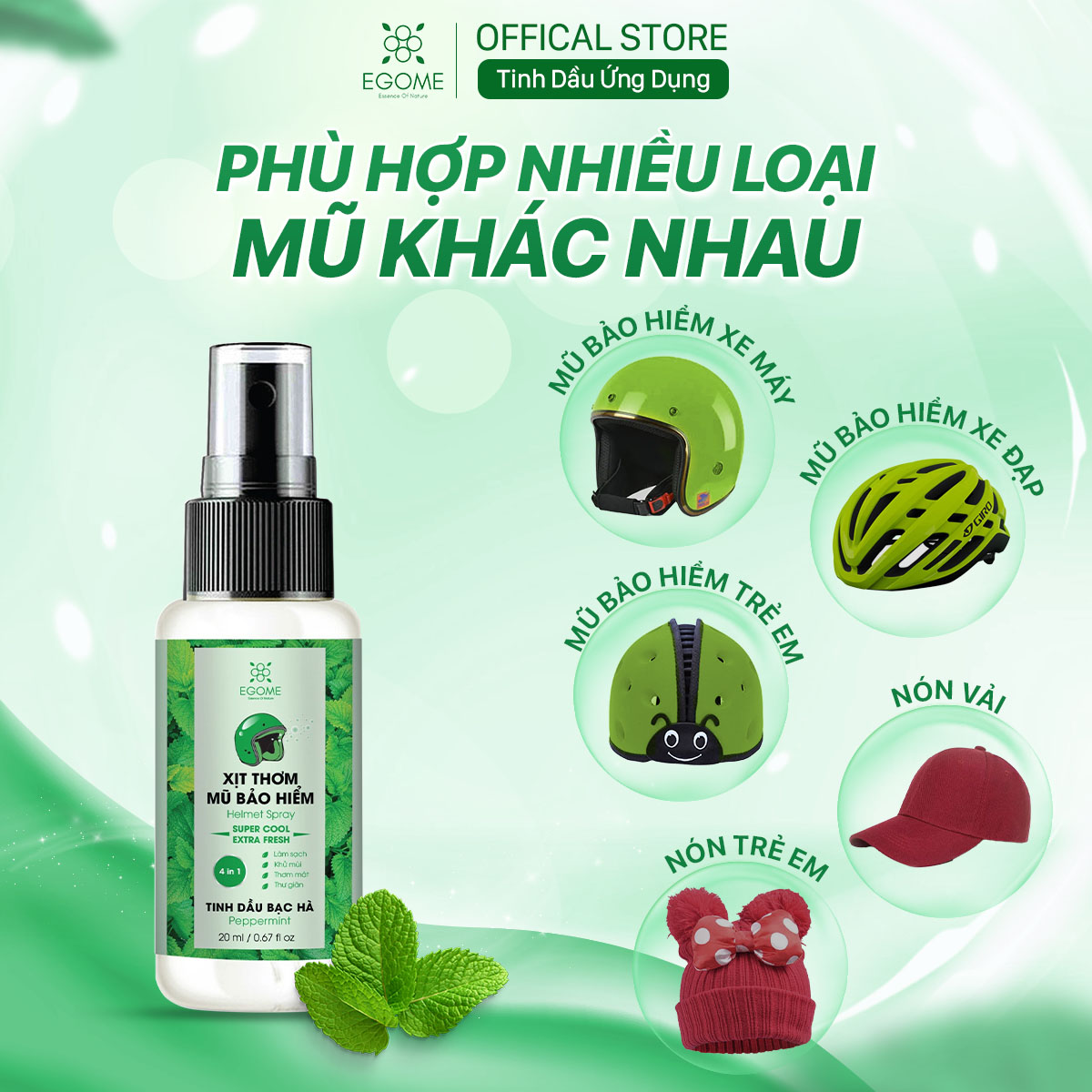 Xịt Thơm Mũ Bảo Hiểm Egome Tinh Dầu Bạc Hà làm sạch, khử mùi mũ bảo hiểm 20ml