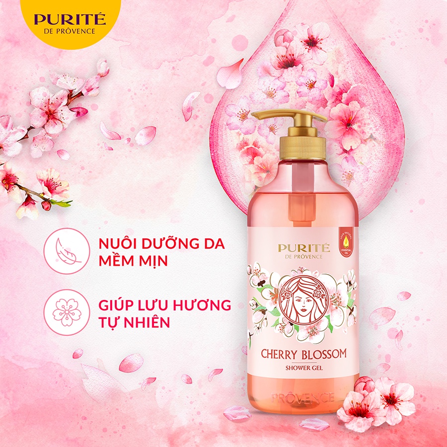 Combo Sữa Tắm Thiên Nhiên Mềm Mịn Hoa Hồng Purité 850ml/chai + Sáng Mịn Hoa Anh Đào 850ml/chai