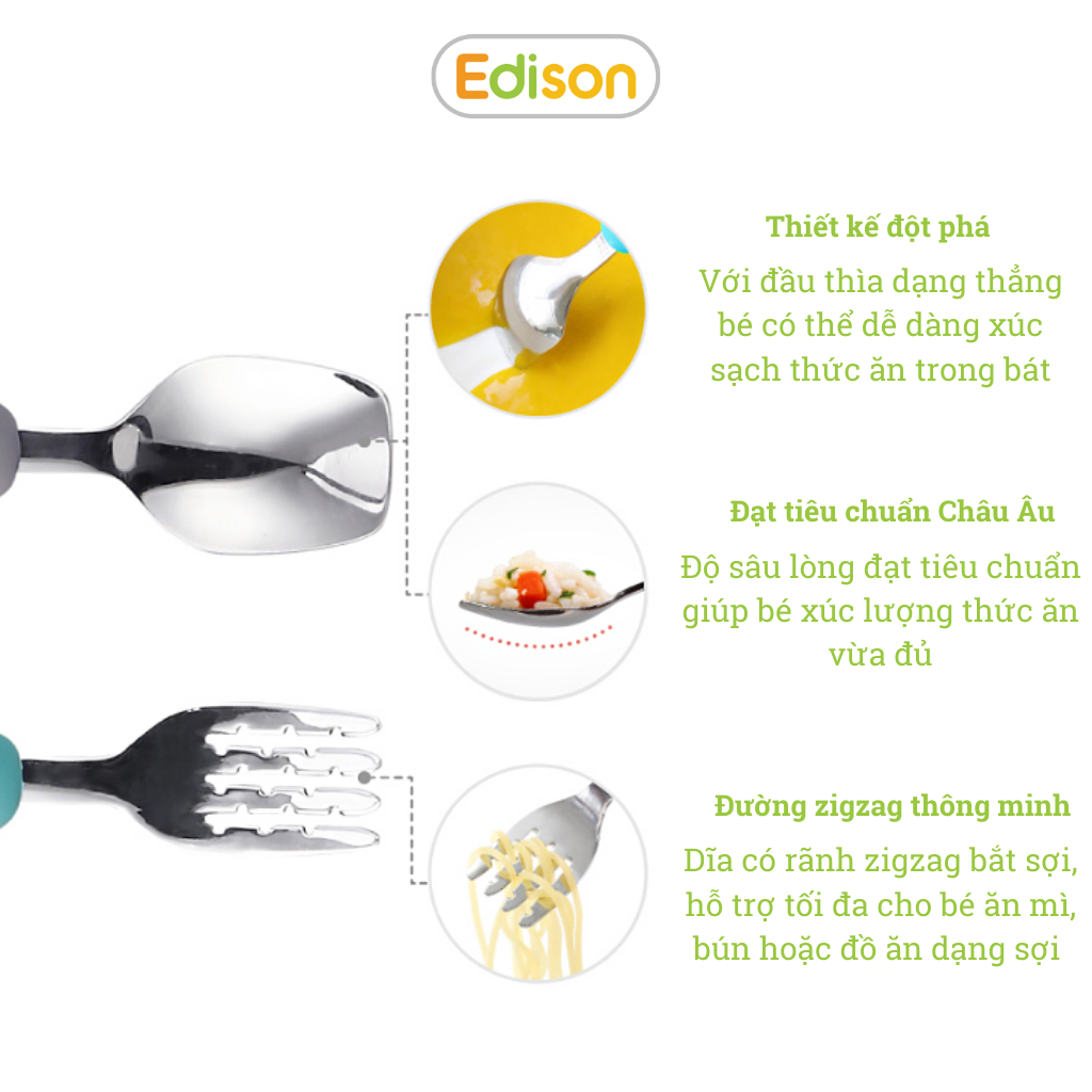 Bộ thìa nĩa ăn dặm cho bé inox 304 chống gỉ bọc silicon BPA Free có hộp đựng hình hươu cao cổ Edison chính hãng Hàn Quốc