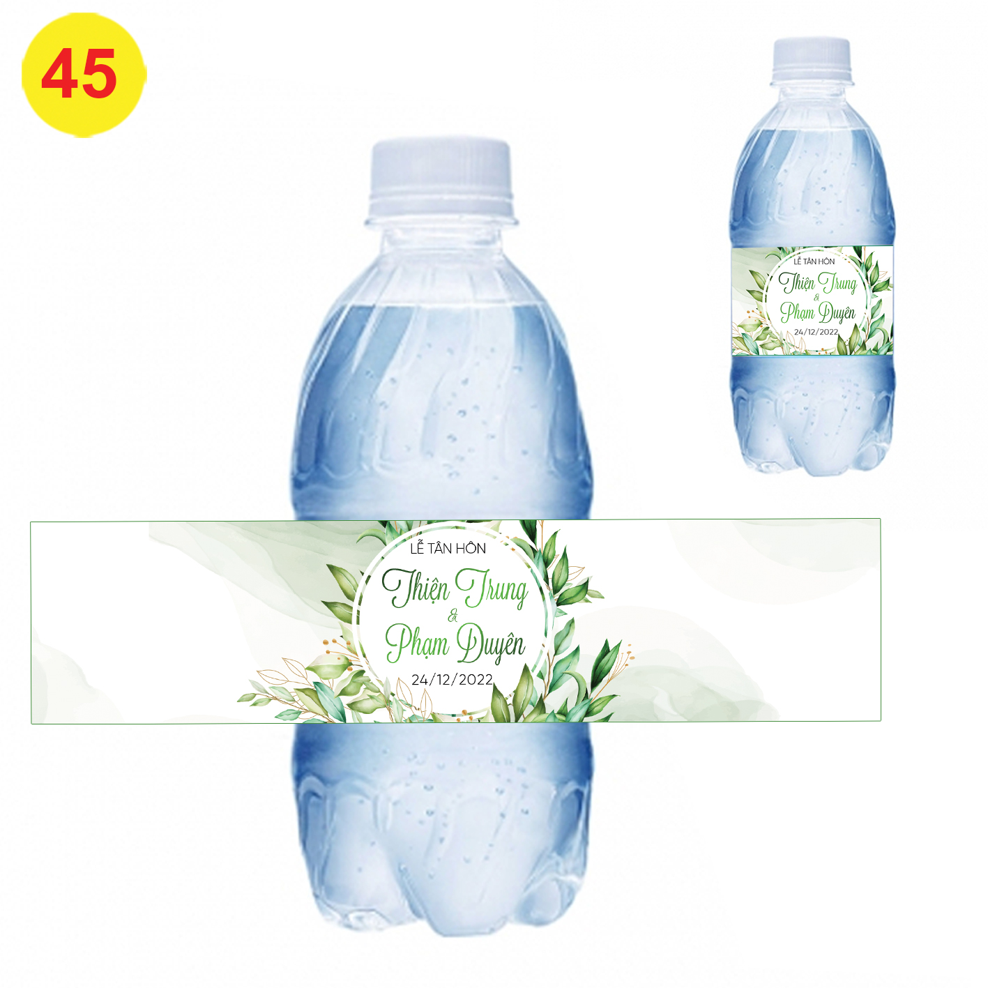 Decal nhãn dán chai nước đám cưới - chai tròn MS 45