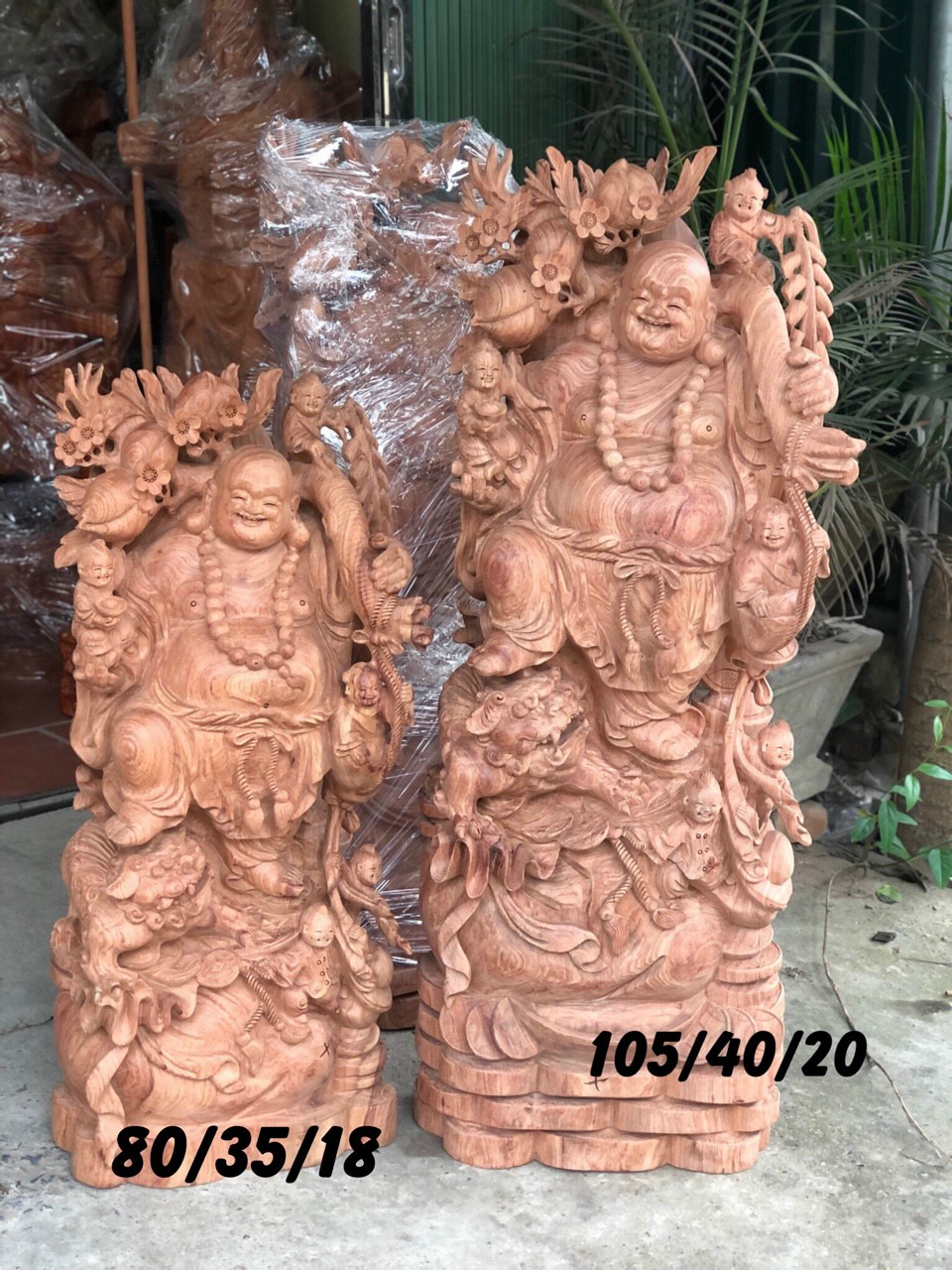 Tượng phật di lặc ngũ phúc bằng gỗ hương đá kt cao 105×40×20cm
