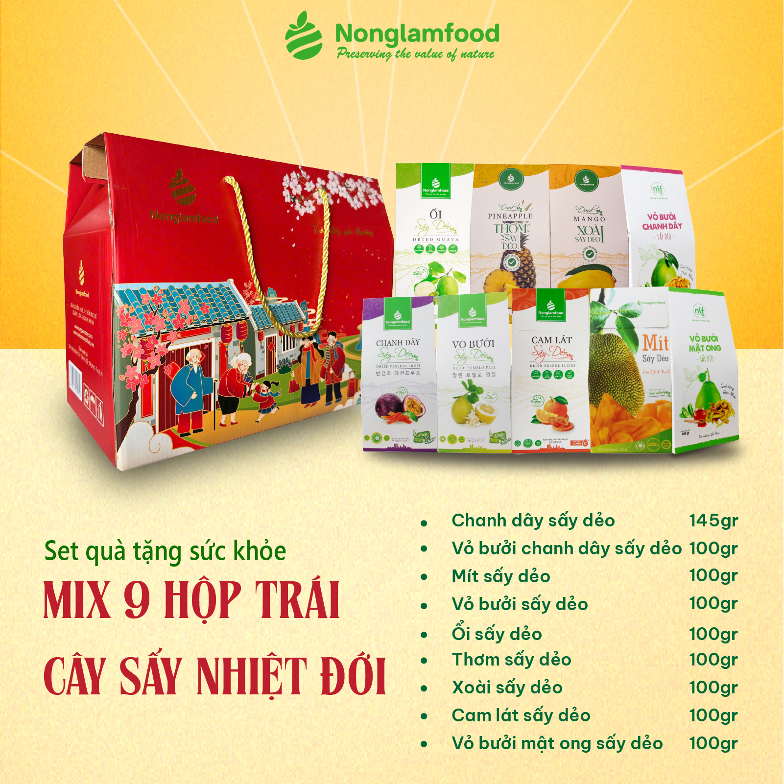 [BỘ QUÀ TẾT 2025] Set quà tết Xuân Bừng Lộc mix 9 hộp trái cây đủ vị Nonglamfood | Bộ quà tặng người thân, bạn bè, doanh nghiệp, đối tác
