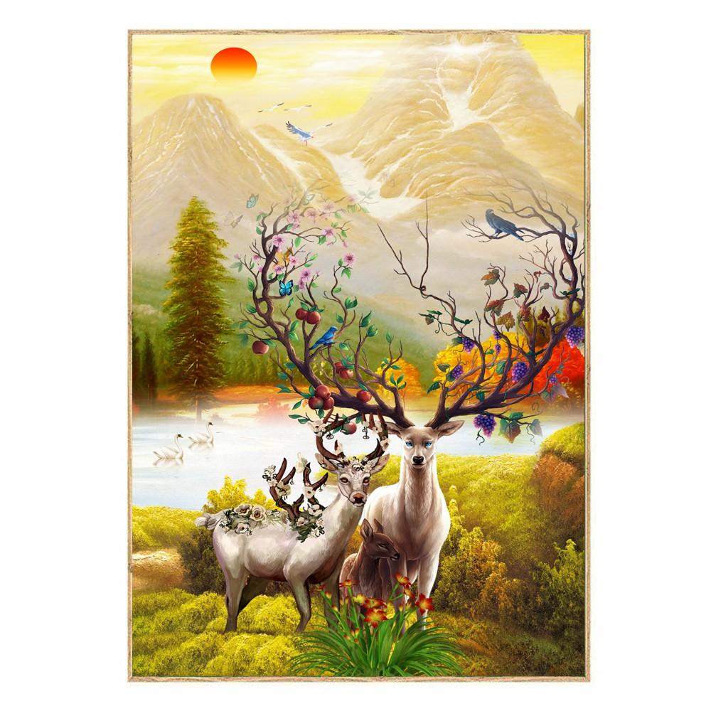 Tranh treo tường Canvas trang trí gia đình hươu 40x60  kèm theo khung