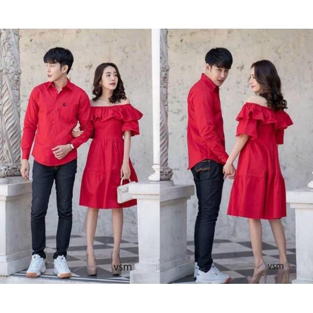 Áo đôi đẹp váy trễ vai bèo + Áo somi nam