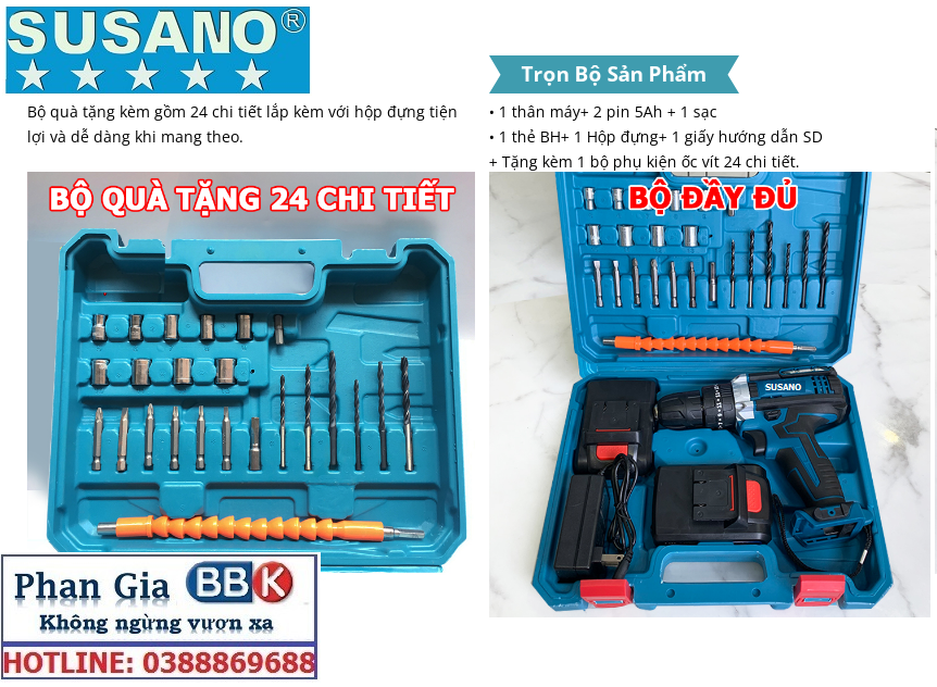 Máy khoan pin SUSANO 36V 3 chức năng- Tặng bộ phụ kiện 24 chi tiết, Lõi đồng, Máy bắn vít cầm tay