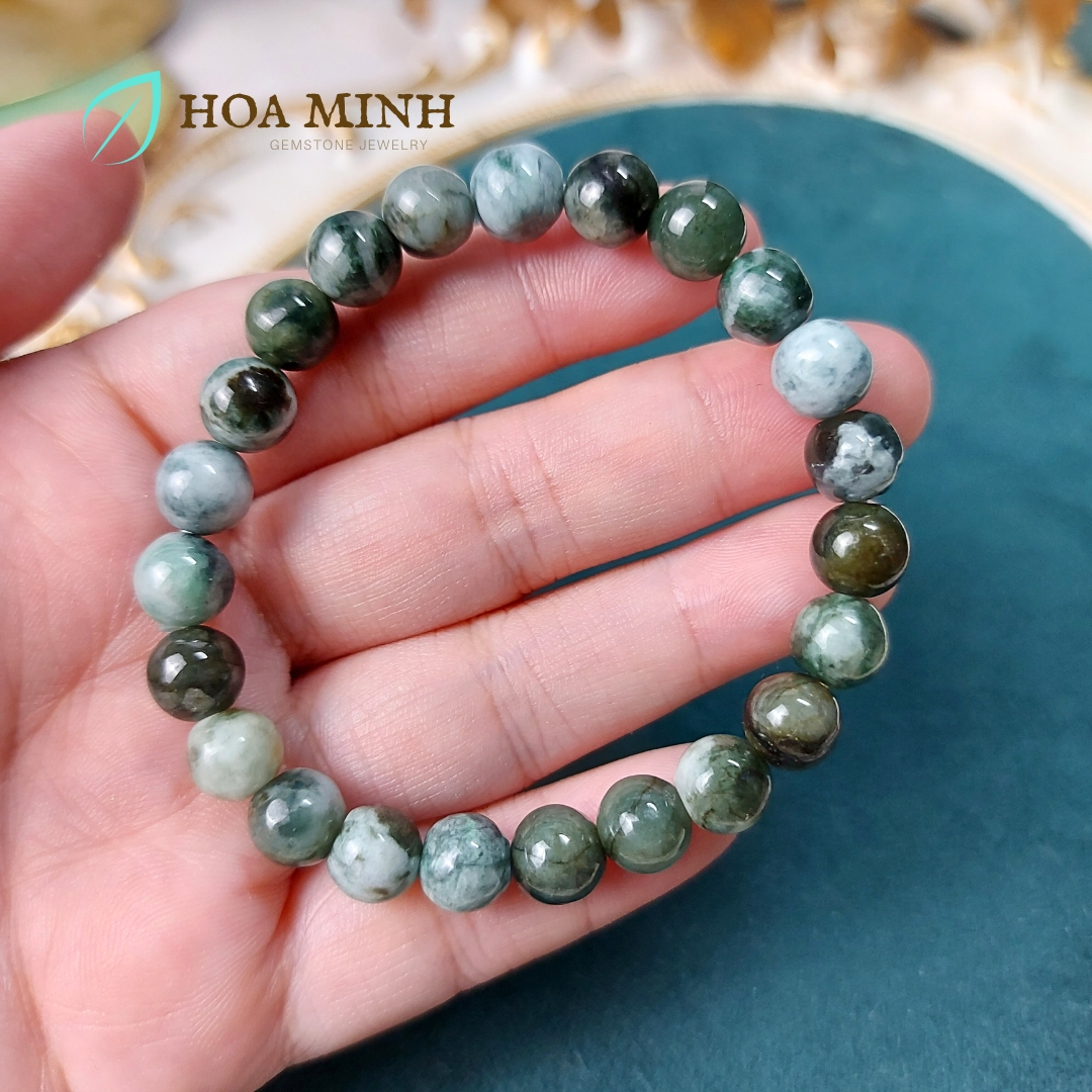Vòng chuỗi tay đá Cẩm Thạch tự nhiên lên bông trơn size hạt 8 li rất đẹp không kén mệnh