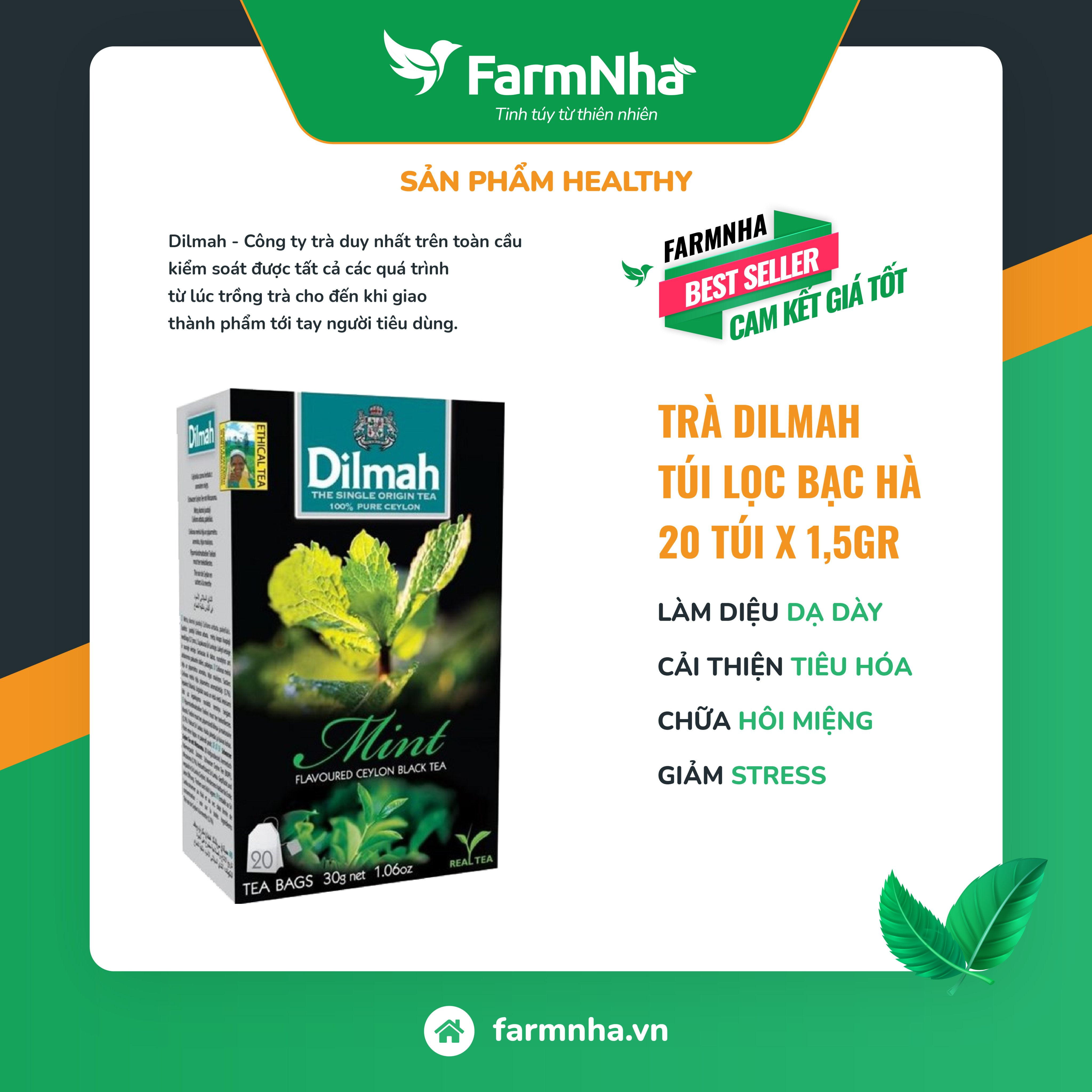 Trà Dilmah Mint túi lọc 30g 20 túi x 1.5g - Tinh hoa trà Sri Lanka