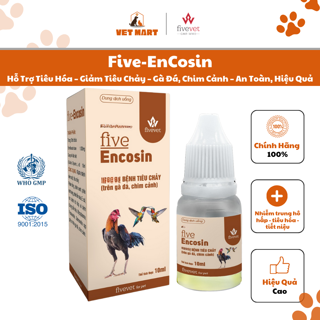 Five-EnCosin Hỗ Trợ Tiêu Hóa Giảm Tiêu Chảy Gà Đá, Chim Cảnh An Toàn, Hiệu Quả