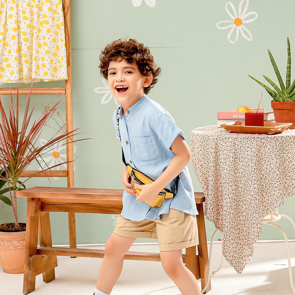 Áo sơ mi bé trai xanh dương cổ Tàu chất linen đũi mềm mịn mát hè thu MamLa