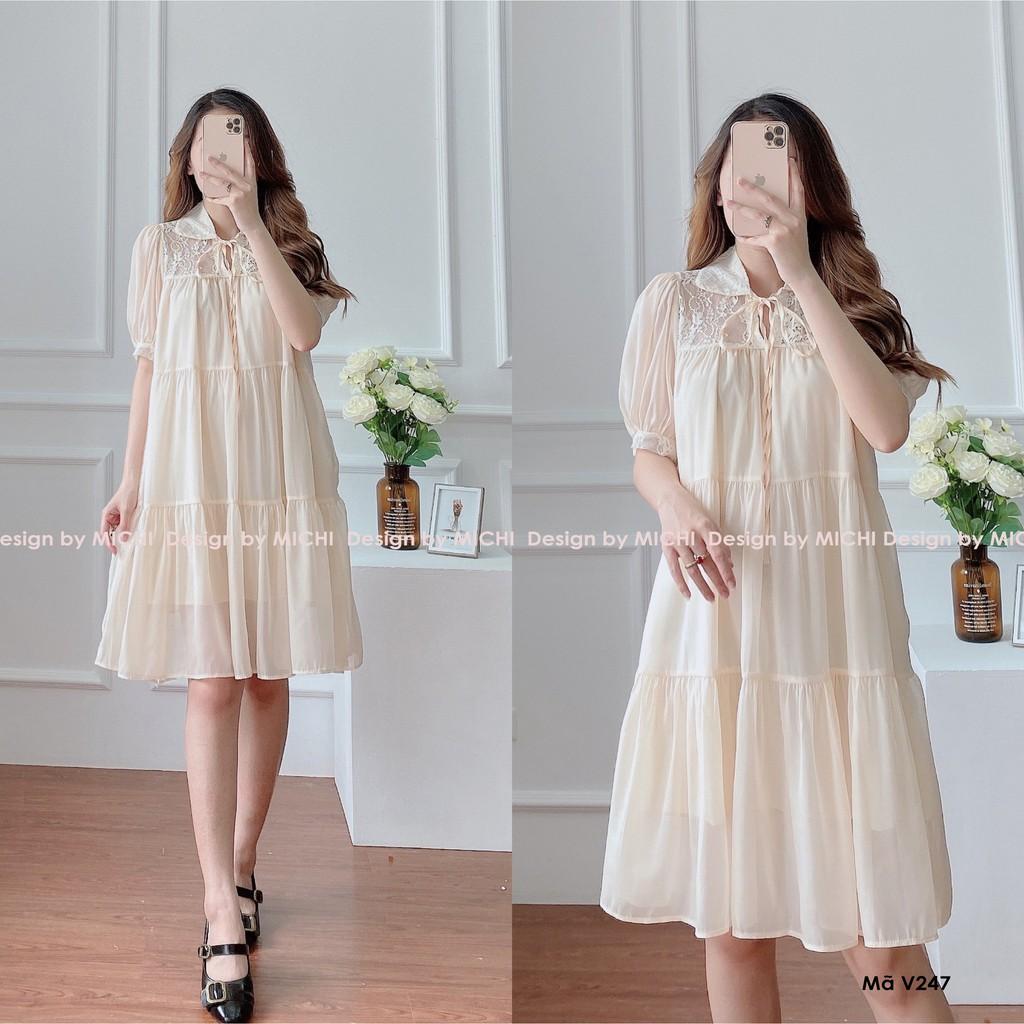 Váy suông cổ buộc nơ phối ren dáng babydoll tầng, đầm xuông rộng freesize tay bo phồng mã v247 - Michi's House