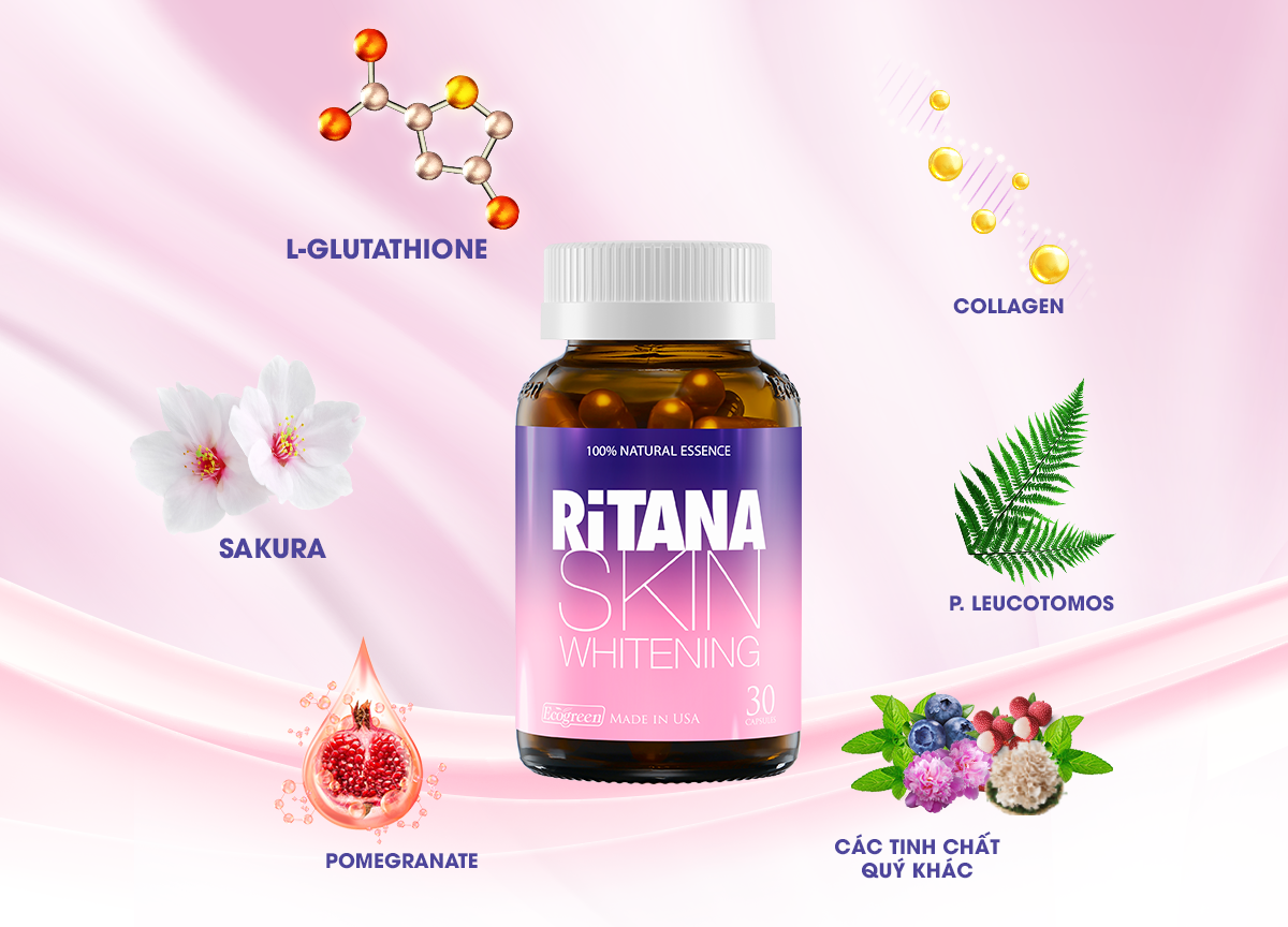 Viên uống RITANA trắng da mờ sạm nám với L-Glutathion, Sakura, Pomegranate, P.Leucotomos, collagen (30 viên)