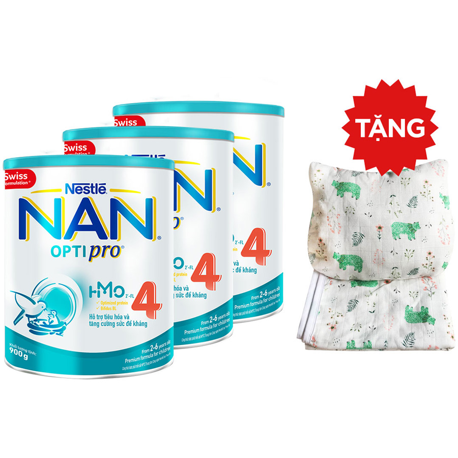 Combo 3 lon NAN OPTIPRO 4 900g + Tặng Bộ mền gối vải sợi tre thiên nhiên