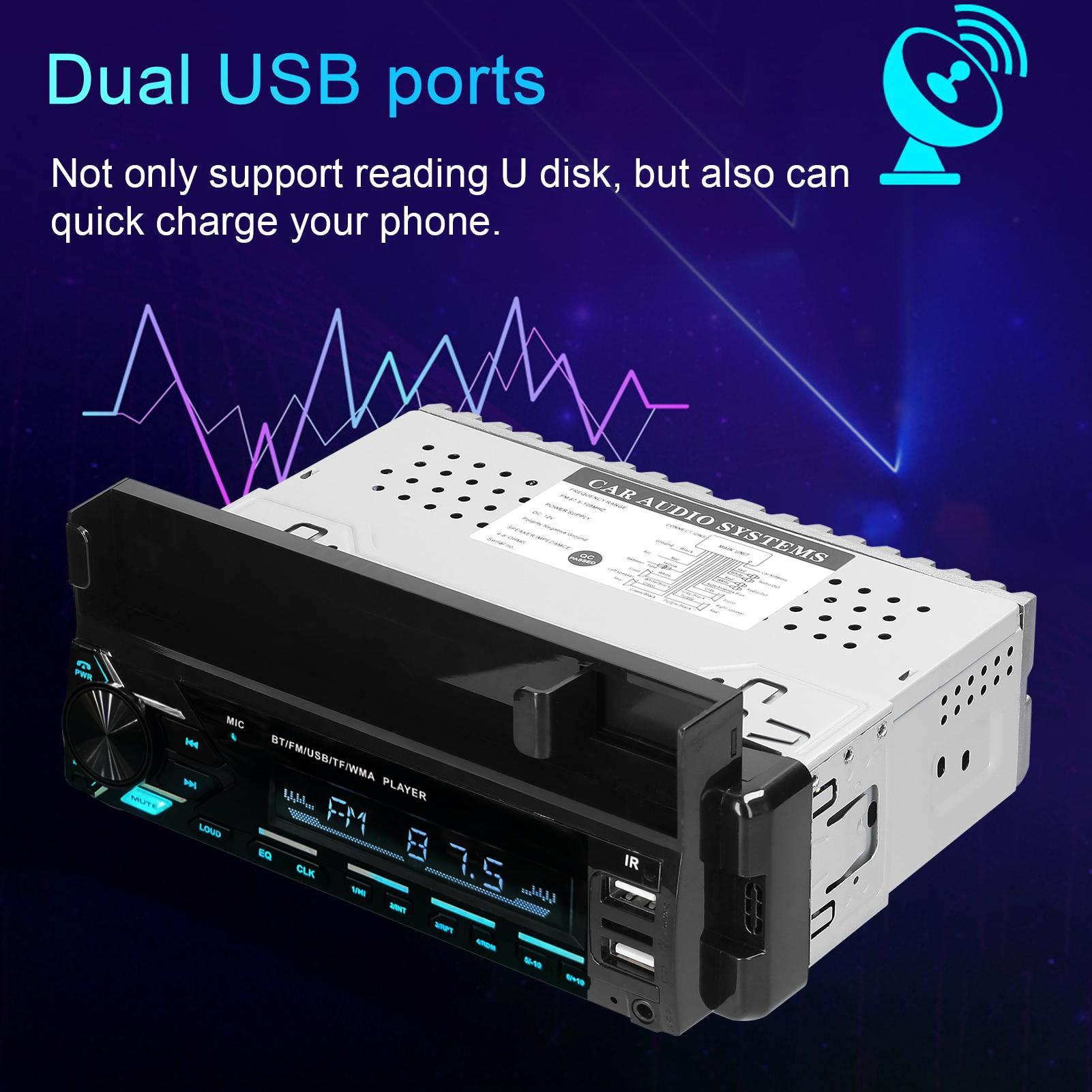Car Stereo Receiver Multifunctional BT MP3 Player FM Radio Support Hands-Free Calls Phone Charge EQ Adjustment Voice Control U-Disk/TF Card/AUX-in with Time Display Phone Holder Remote Controller