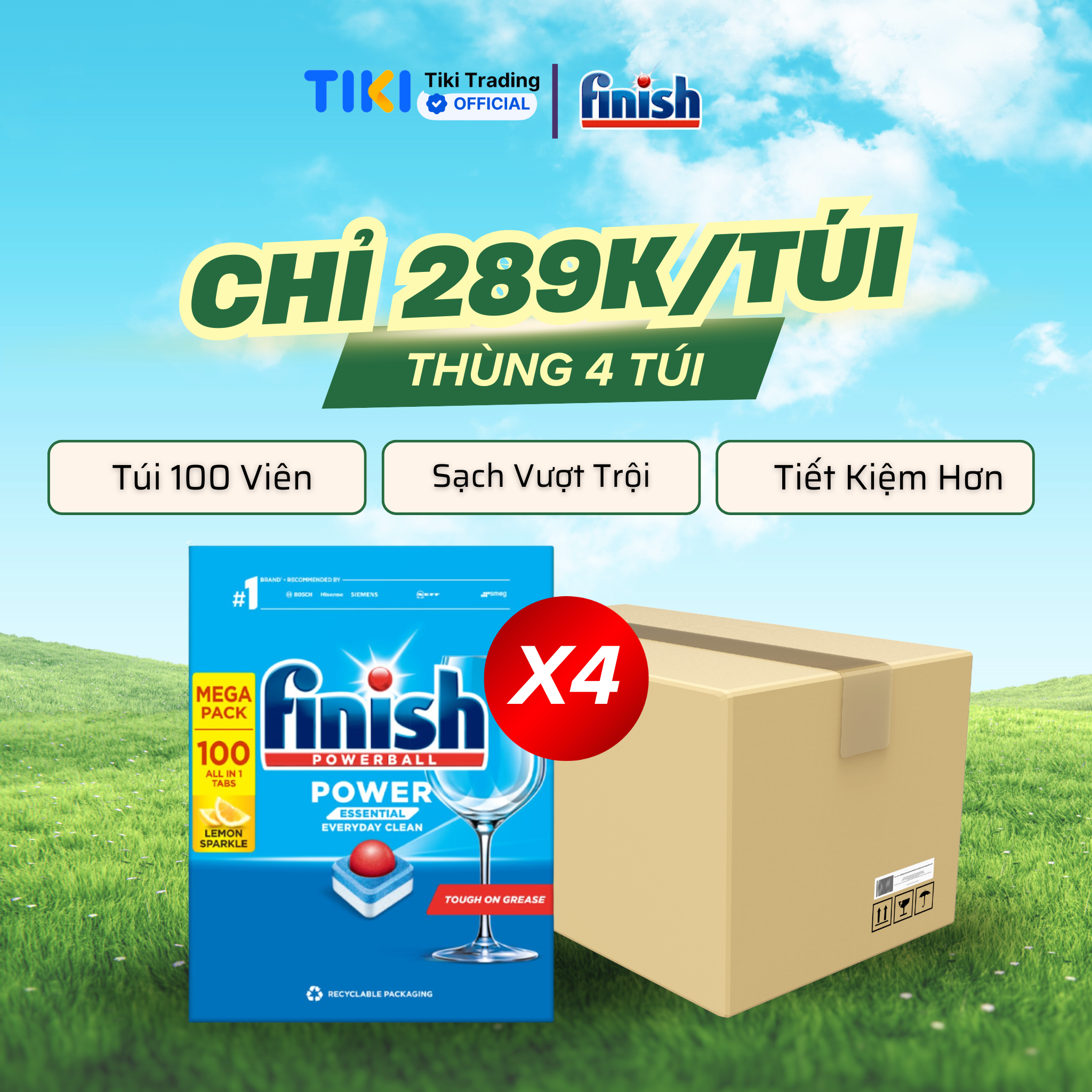Viên Rửa Chén Bát Hương Chanh Finish Powerball Power Essential Lemon Sparkle - Túi 100 viên siêu tiết kiệm - Thùng 4 Túi