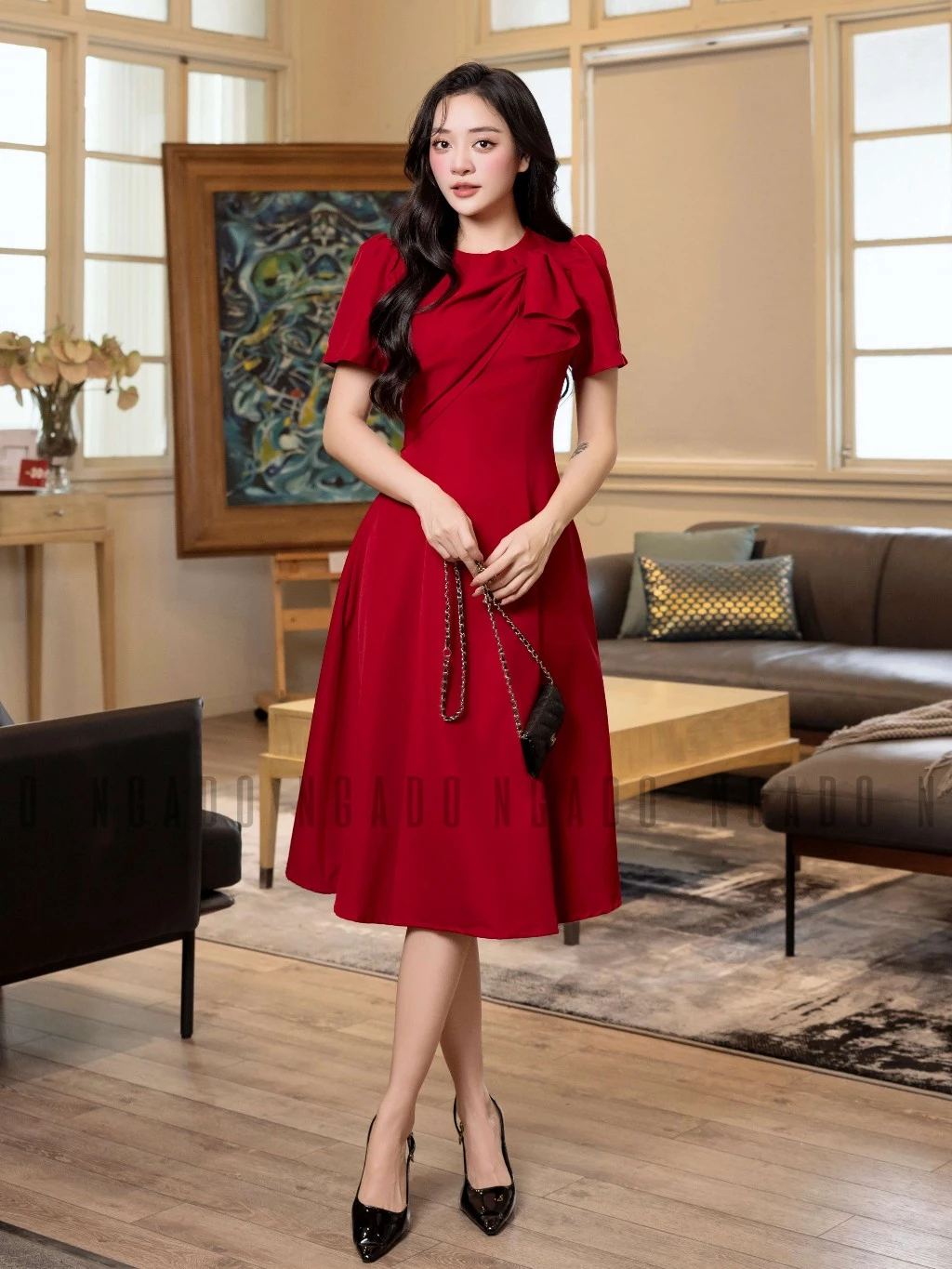 Đầm đỏ xoắn vai NGADO , đầm dự tiệc , đầm công sở