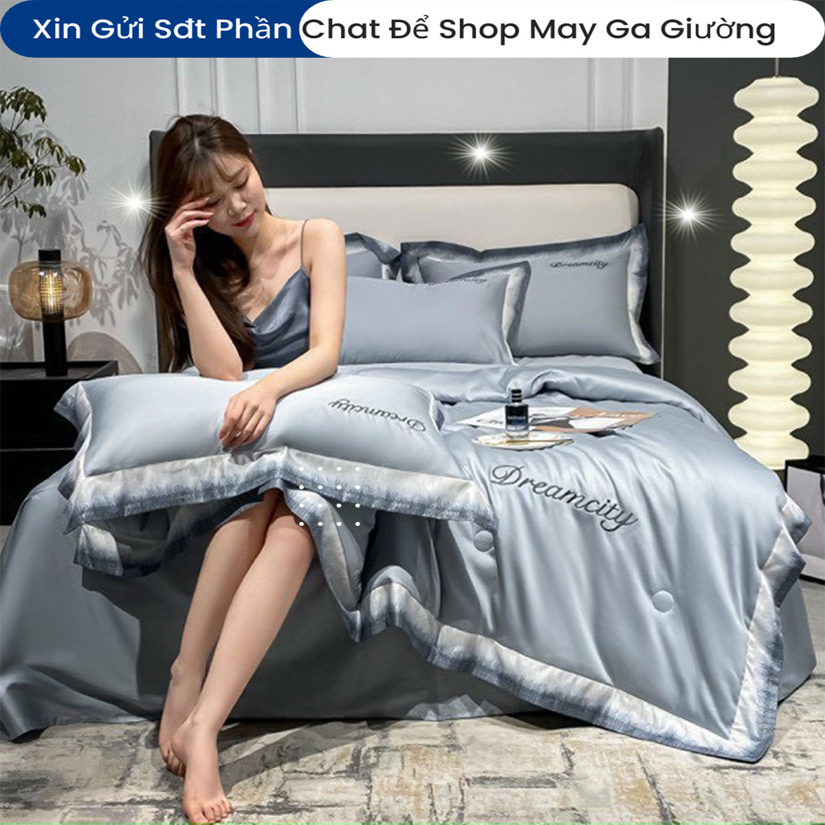 Bộ Chăn Ga Gối Đệm Lụa 5 Món Tencel Dream City Cao Cấp Chăn Chần Bông Lụa Mềm