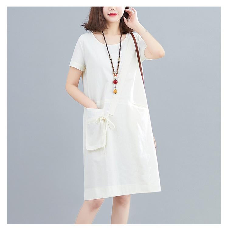 Đầm suông đũi cổ tròn phối túi hộp dễ thương, chất đũi mềm mát, thời trang phong cách trẻ
