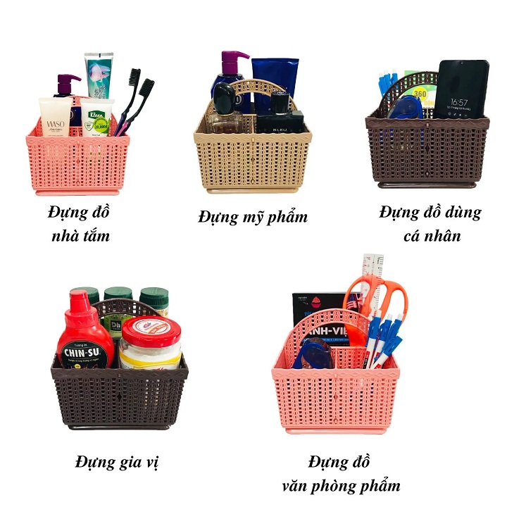 Giỏ đựng đồ nhựa vuông 3 ngăn có quai xách đa năng kích thước 15 cm x 15 cm x 18 cm