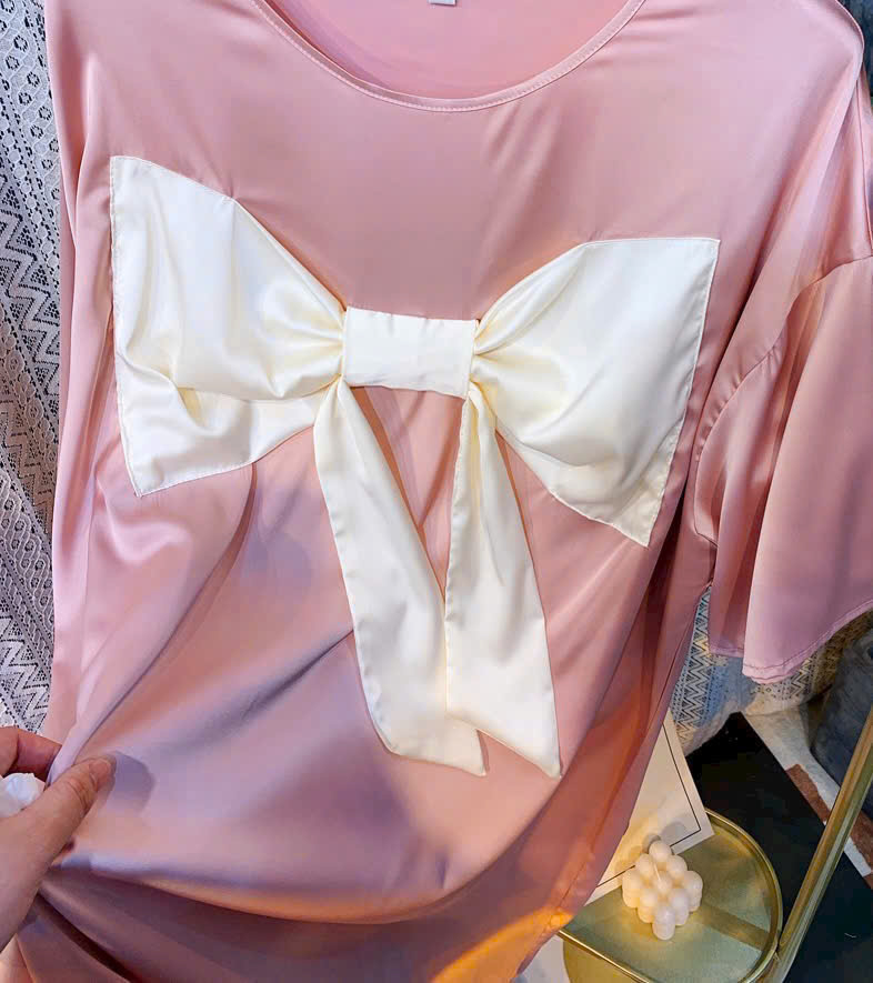 Đầm Ngủ D412 Lụa Quảng Châu Cao Cấp Mẫu Trơn Đơn Giản Đính Nơ Xinh Xắn