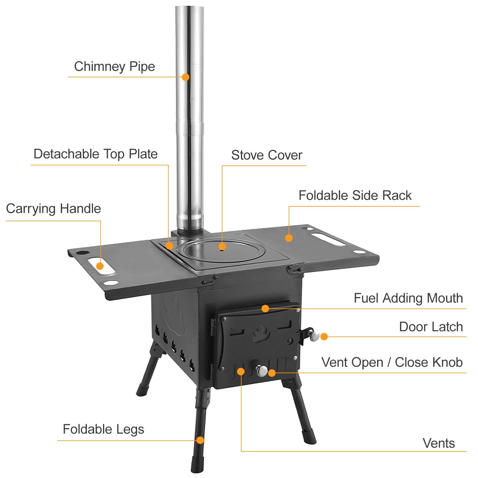 Portable Foldable Wood Burning Stove Camp Tent Stove with Chimney Pipe for Tent Shelter Heating Cooking
