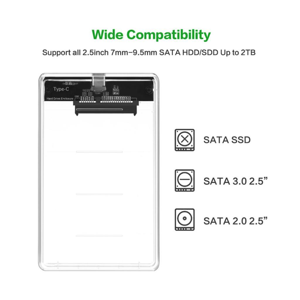2.5" SATA To USB Type C 3.0 External HDD Hard Drive Enclosure Case Clear
