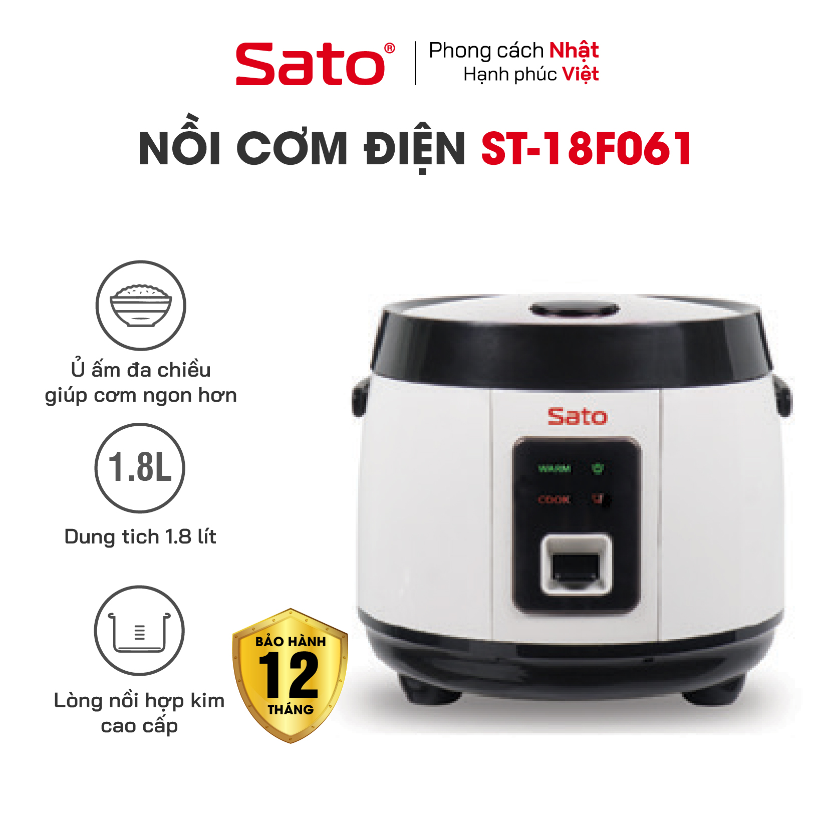 Nồi Cơm Điện SATO 18F061 1.8L -Nồi cơm quai xách chắc chắn, chống tràn tốt, nút điều khiển đơn giản, tiện dụng - Miễn phí vận chuyển toàn quốc - Hàng Chính Hãng