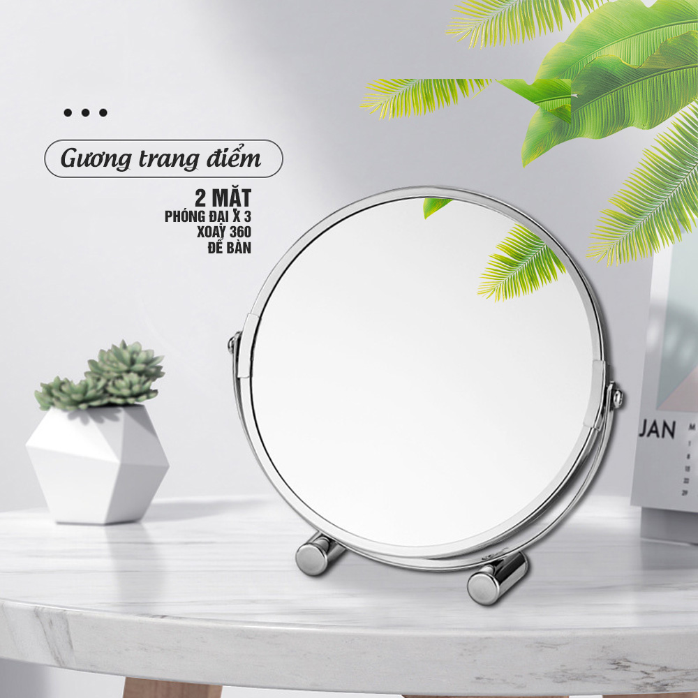 Gương trang điểm phóng đại 3 lần, xoay 360 độ, 2 mặt siêu nét, để bàn, Inox 304, Size 18cm, 20cm, Minh House G31