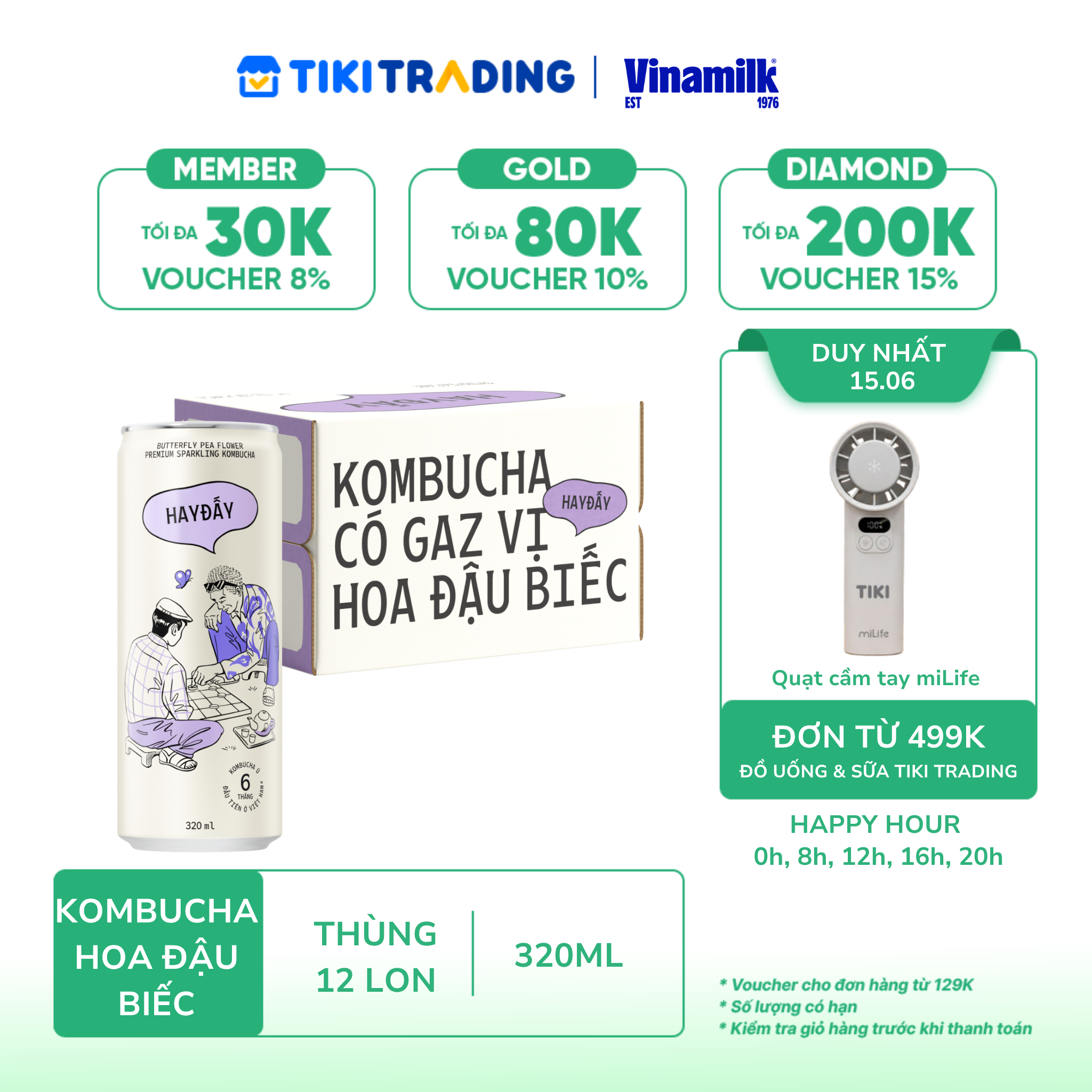 Thùng 12 lon Kombucha Có Gaz Vị Hoa Đậu Biếc 320ml