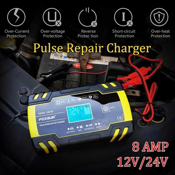 Sạc Ắc Quy Thông Minh Nhật Bản Foxsur – 12V/24V, Khử Sunfat, Bảo Dưỡng Tự Động, Loại Xịn , đèn led