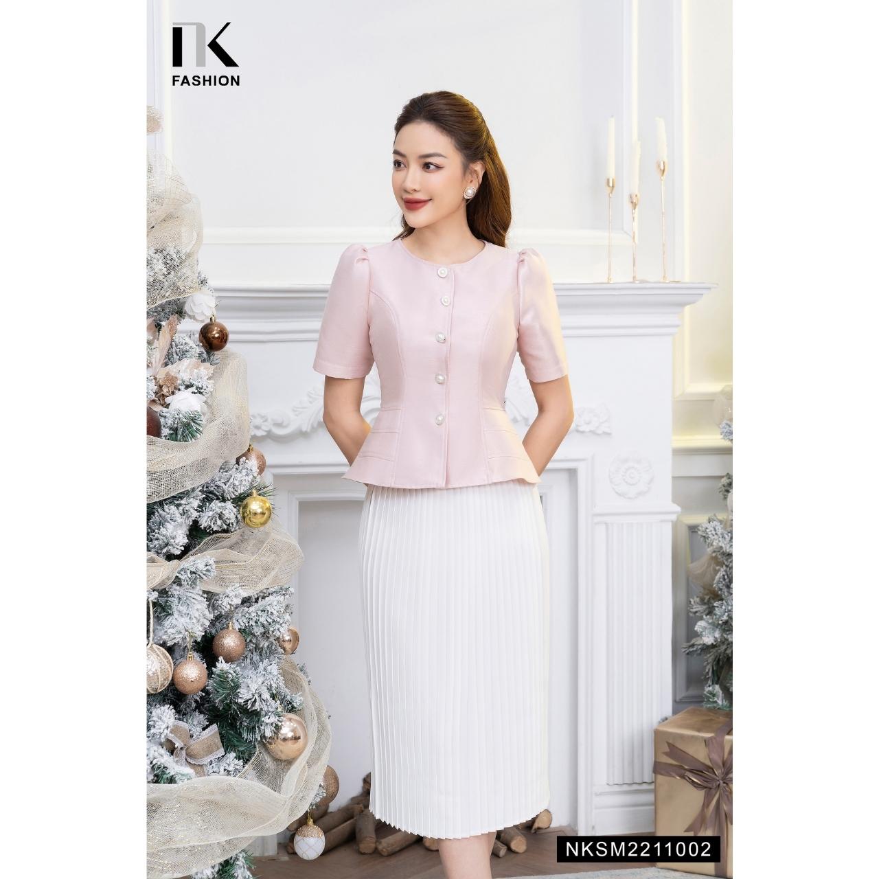 Áo Peplum NK Fashion Thiết Kế Tay Lỡ Chiết Eo Đính Cúc Ngọc Chất Vải Nhập Hàn Cao Cấp NKSM2211002