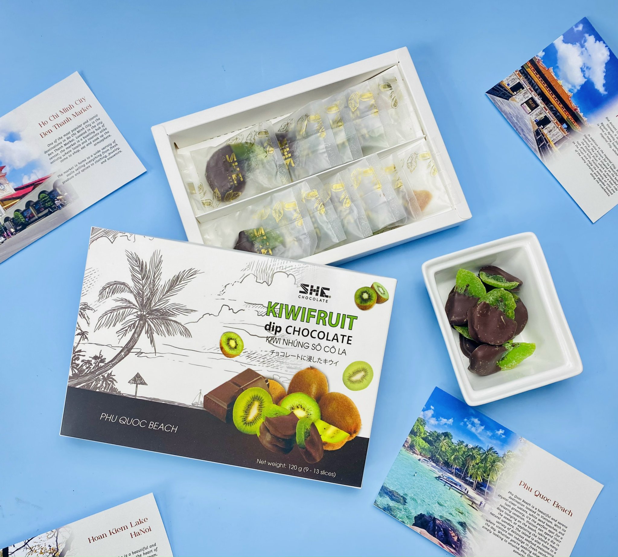 Socola kiwi nhúng hộp 120g SHE Chocolate - Quà tặng du lịch phong cảnh biển Phú Quốc Việt Nam