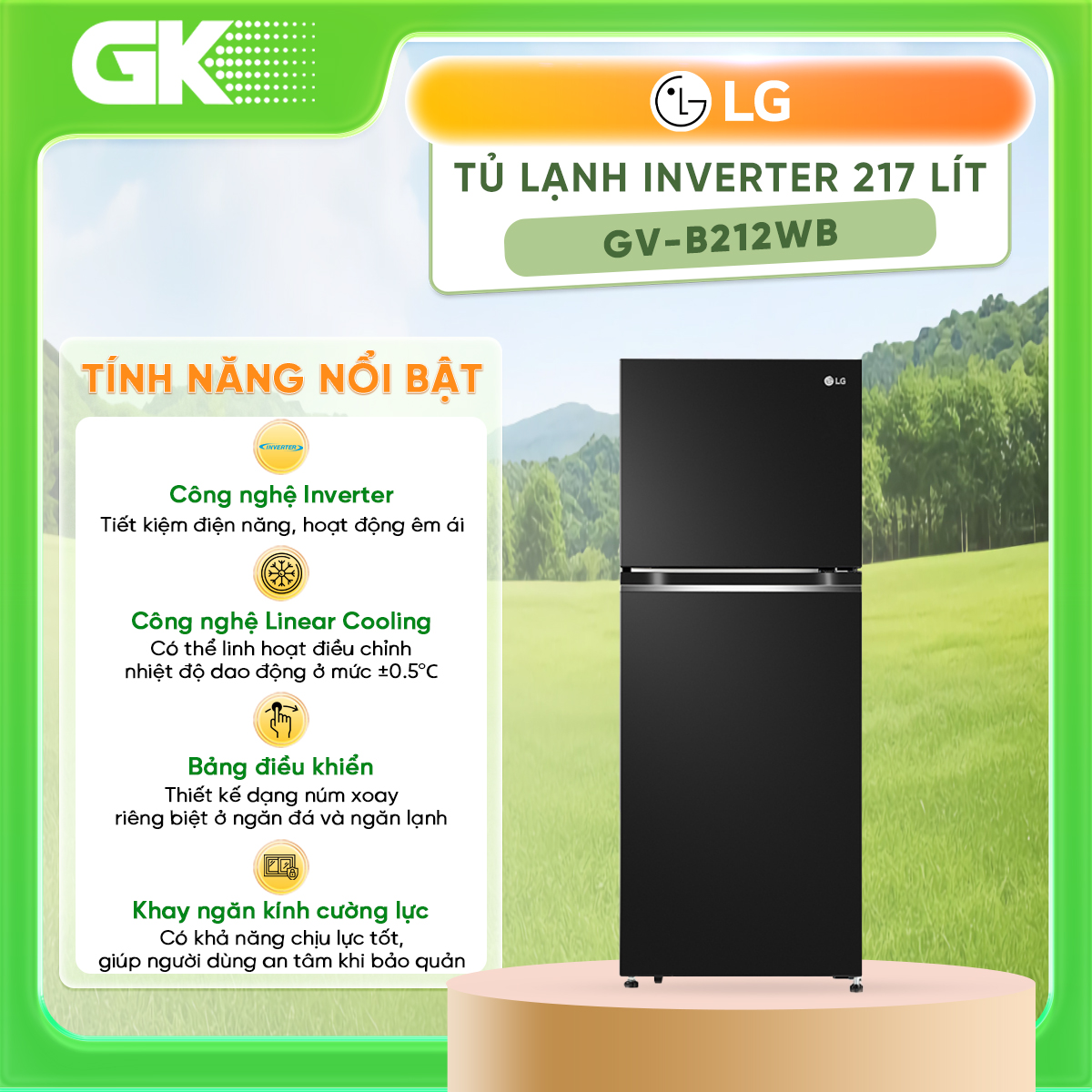 Tủ Lạnh Ngăn Đá Trên Lg Smart Inverter Gv - B212Wb 217L Đen - Hàng Chính Hãng Chỉ Giao Hcm