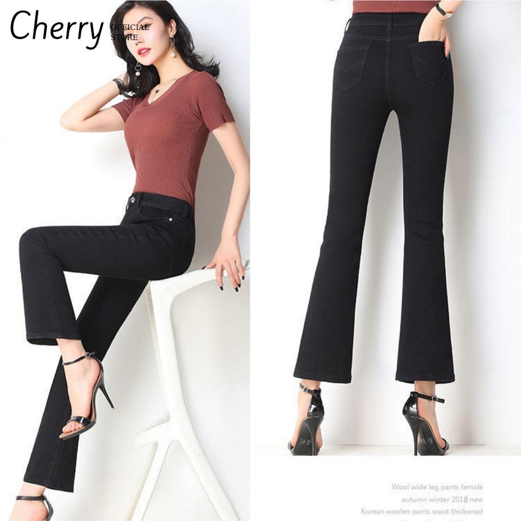Quần jean nữ loe lửng lưng cao co giãn phong cách Hàn Quốc, quần bò nữ ống loe cạp cao chất xịn cao cấp CHERRY T026