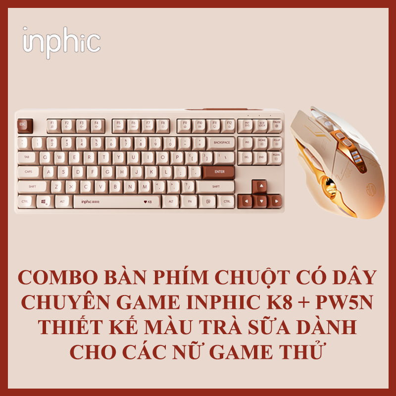 Combo bàn phím và chuột có dây chuyên game INPHIC K8 + PW5N có led thiết kế màu trà sữa dành cho các nữ game thủ - Hàng Chính Hãng