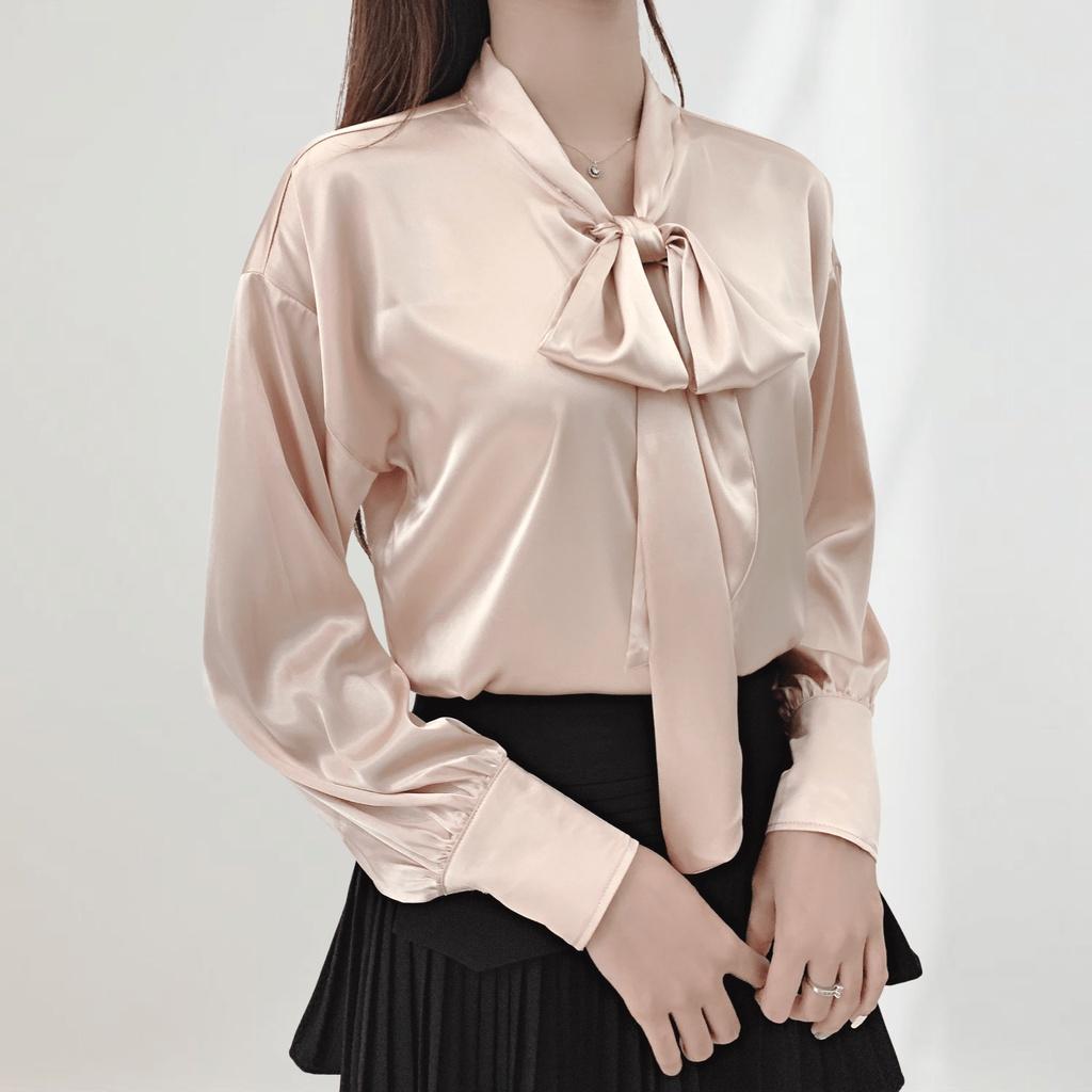 Áo sơ mi lụa nữ công sở cổ nơ 2 màu, sơ mi trắng dài tay EKS113