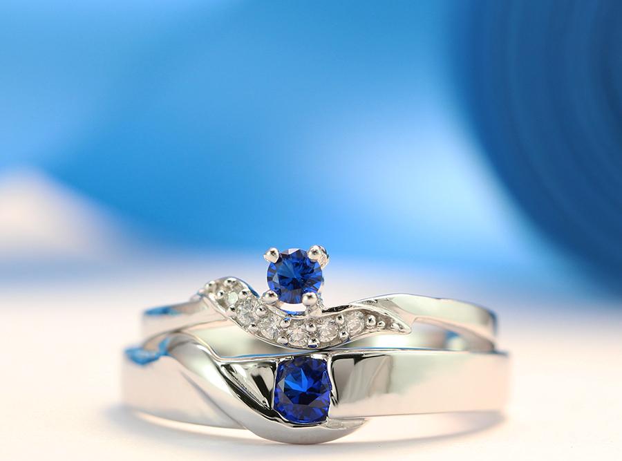 Nhẫn đôi bạc đính đá xanh dương ND0078