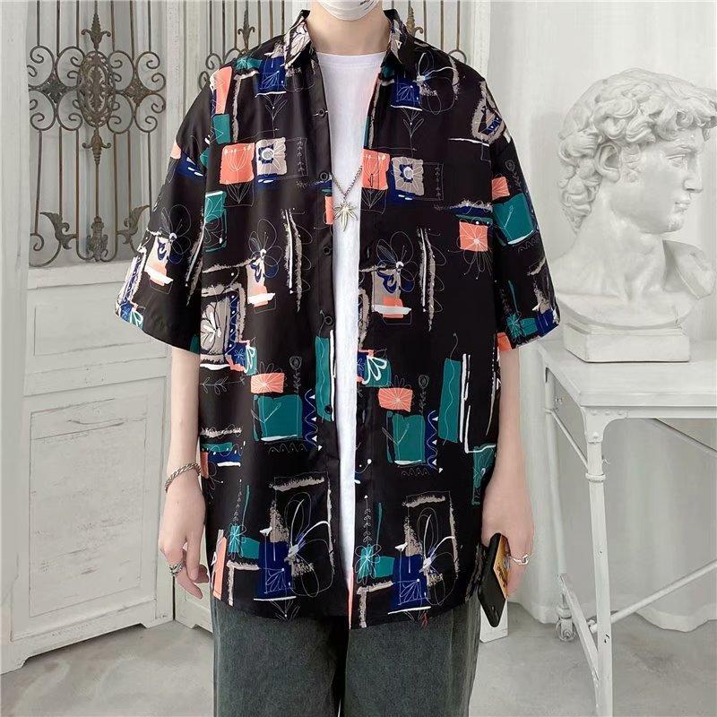 Korean Style Retro Floral Pattern Short Sleeve Men's Shirt