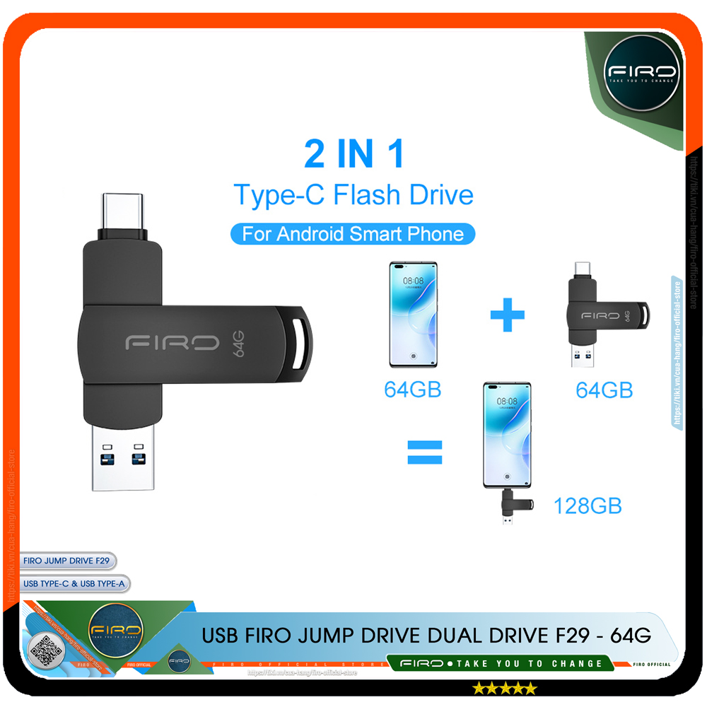 USB FIRO Jump Drive Dual Drive F29 - USB 3.1 32GB / 64GB Đầu Nối Kép Với 2 Cổng USB Type-C Và USB Type-A - Tương Thích MAC / PC Chuẩn Giao Tiếp USB 3.0 Và 2.0 - Tốc Độ Đọc 130Mb/s- Hàng Chính Hãng