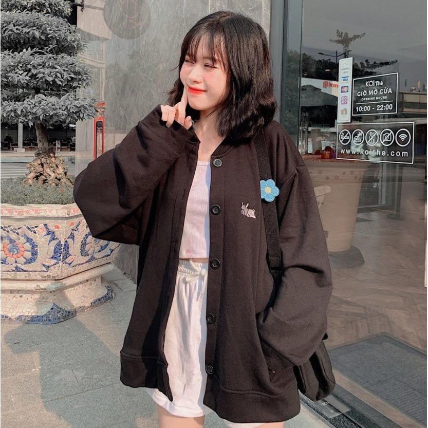 Áo khoác nỉ cardigan form unisex thêu hình cún con lười biếng cực dễ thương, thời trang thu đông ấm áp dễ phối đồ A16