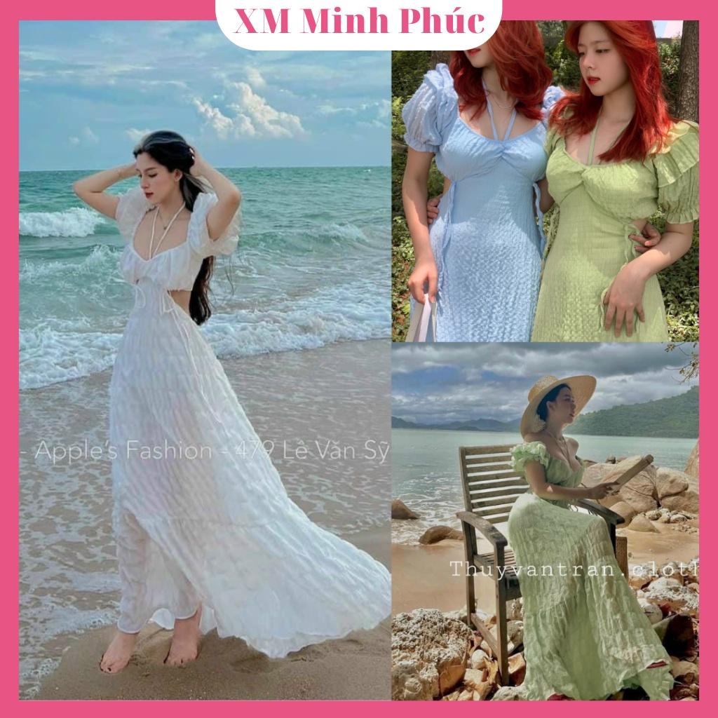 Maxi đi biển dự tiệc,đầm váy maxi dáng dài xòe hở lưng tay phồng cổ vuông sang chảnh thời Trang XM Minh Phúc