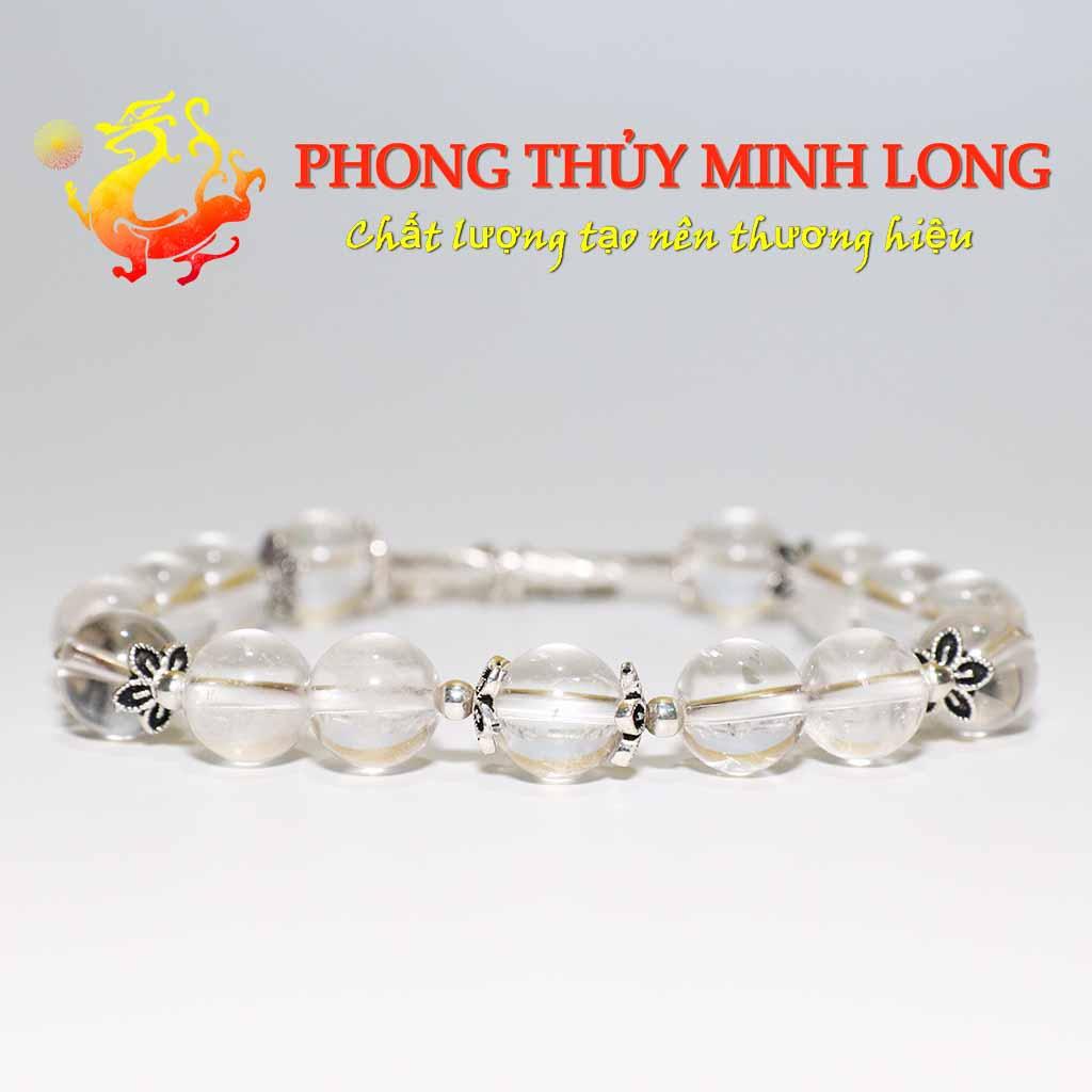 Vòng tay đá Thach Anh Trắng chất lượng 5A mix túi tiền lá bạch dương bạc nhỏ xinh hợp mệnh Thủy và Kim